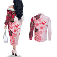 Fiji Couples Matching Off The Shoulder Long Sleeve Dress and Long Sleeve Button Shirt Masi Tapa Pattern Red LT05 - Polynesian Pride