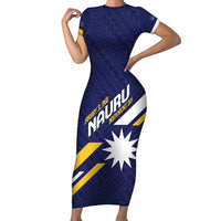 Personalised Happy Nauru Independence Day Short Sleeve Bodycon Dress Polynesian Pattern