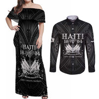 Haiti 1804 Couples Matching Off Shoulder Maxi Dress and Long Sleeve Button Shirt Polynesian Silver Neg Maron LT05 Silver - Polynesian Pride