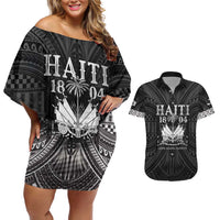 Haiti 1804 Couples Matching Off Shoulder Short Dress and Hawaiian Shirt Polynesian Silver Neg Maron LT05 Silver - Polynesian Pride