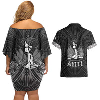 Haiti 1804 Couples Matching Off Shoulder Short Dress and Hawaiian Shirt Polynesian Silver Neg Maron LT05 - Polynesian Pride