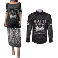 Haiti 1804 Couples Matching Puletasi and Long Sleeve Button Shirt Polynesian Silver Neg Maron LT05 Silver - Polynesian Pride
