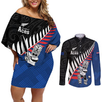 Custom New Zealand Auckland Cricket Couples Matching Off Shoulder Short Dress and Long Sleeve Button Shirt With Maori Pattern LT05 Blue - Polynesian Pride