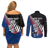 Custom New Zealand Auckland Cricket Couples Matching Off Shoulder Short Dress and Long Sleeve Button Shirt With Maori Pattern LT05 - Polynesian Pride