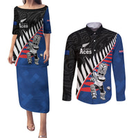 Custom New Zealand Auckland Cricket Couples Matching Puletasi and Long Sleeve Button Shirt With Maori Pattern LT05 Blue - Polynesian Pride