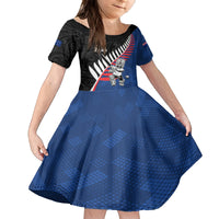 Custom New Zealand Auckland Cricket Family Matching Off The Shoulder Long Sleeve Dress and Hawaiian Shirt With Maori Pattern LT05 Daughter's Dress Blue - Polynesian Pride