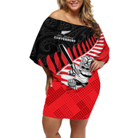 Custom New Zealand Canterbury Cricket Off Shoulder Short Dress With Maori Pattern LT05 Women Red - Polynesian Pride