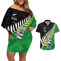 Custom New Zealand Central Districts Cricket Couples Matching Off Shoulder Short Dress and Hawaiian Shirt With Maori Pattern LT05 Green - Polynesian Pride