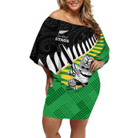 Custom New Zealand Central Districts Cricket Off Shoulder Short Dress With Maori Pattern LT05 Women Green - Polynesian Pride