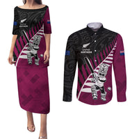 Custom New Zealand Northern Districts Cricket Couples Matching Puletasi and Long Sleeve Button Shirt With Maori Pattern LT05 Maroon - Polynesian Pride