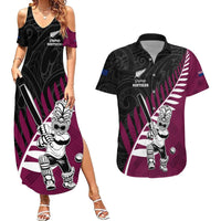 Custom New Zealand Northern Districts Cricket Couples Matching Summer Maxi Dress and Hawaiian Shirt With Maori Pattern LT05 Maroon - Polynesian Pride