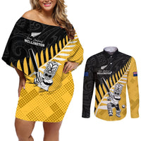 Custom New Zealand Wellington Cricket Couples Matching Off Shoulder Short Dress and Long Sleeve Button Shirt With Maori Pattern LT05 Yellow - Polynesian Pride