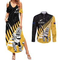 Custom New Zealand Wellington Cricket Couples Matching Summer Maxi Dress and Long Sleeve Button Shirt With Maori Pattern LT05 Yellow - Polynesian Pride