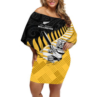 Custom New Zealand Wellington Cricket Off Shoulder Short Dress With Maori Pattern LT05 Women Yellow - Polynesian Pride