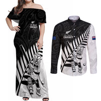 Custom New Zealand Cricket Couples Matching Off Shoulder Maxi Dress and Long Sleeve Button Shirt With Maori Pattern LT05 Black - Polynesian Pride