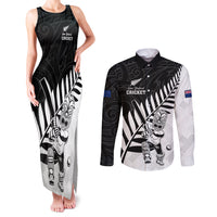 Custom New Zealand Cricket Couples Matching Tank Maxi Dress and Long Sleeve Button Shirt With Maori Pattern LT05 Black - Polynesian Pride