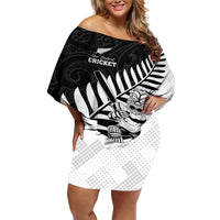 Custom New Zealand Cricket Off Shoulder Short Dress With Maori Pattern LT05 Women Black - Polynesian Pride