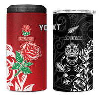 New Zealand And England Rugby Custom 4 in 1 Can Cooler Tumbler Maori Tiki With Red Rose Together