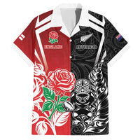 New Zealand And England Rugby Custom Family Matching Off Shoulder Short Dress and Hawaiian Shirt Maori Tiki With Red Rose Together