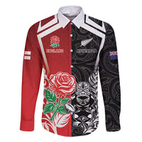 New Zealand And England Rugby Custom Family Matching Off Shoulder Short Dress and Hawaiian Shirt Maori Tiki With Red Rose Together