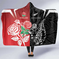 New Zealand And England Rugby Hooded Blanket Maori Tiki With Red Rose Together
