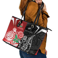 New Zealand And England Rugby Leather Tote Bag Maori Tiki With Red Rose Together