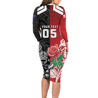 New Zealand And England Rugby Custom Long Sleeve Bodycon Dress Maori Tiki With Red Rose Together