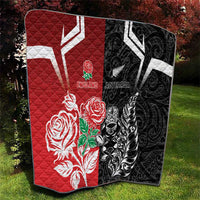 New Zealand And England Rugby Quilt Maori Tiki With Red Rose Together