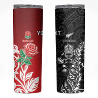 New Zealand And England Rugby Custom Skinny Tumbler Maori Tiki With Red Rose Together