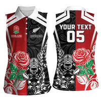 New Zealand And England Rugby Custom Women Sleeveless Polo Shirt Maori Tiki With Red Rose Together