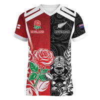 New Zealand And England Rugby Custom Women V-Neck T-Shirt Maori Tiki With Red Rose Together