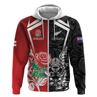 New Zealand And England Rugby Custom Zip Hoodie Maori Tiki With Red Rose Together