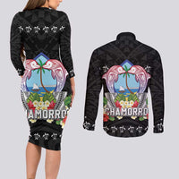 Guam Chamorro Couples Matching Long Sleeve Bodycon Dress and Long Sleeve Button Shirt Tribal Latte Stone With Dolphins Black