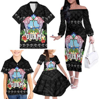 Guam Chamorro Family Matching Off The Shoulder Long Sleeve Dress and Hawaiian Shirt Tribal Latte Stone With Dolphins Black