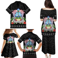 Guam Chamorro Family Matching Puletasi and Hawaiian Shirt Tribal Latte Stone With Dolphins Black