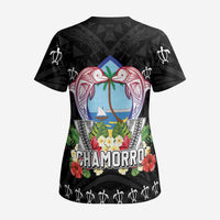 Guam Chamorro Scrub Top Tribal Latte Stone With Dolphins Black LT05 - Polynesian Pride