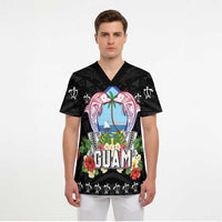 Guam Chamorro Scrub Top Tribal Latte Stone With Dolphins Black LT05 - Polynesian Pride