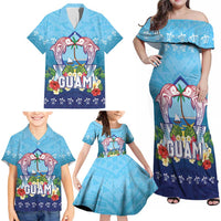 Guam Chamorro Family Matching Off Shoulder Maxi Dress and Hawaiian Shirt Tribal Latte Stone With Dolphins Blue