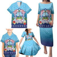 Guam Chamorro Family Matching Puletasi and Hawaiian Shirt Tribal Latte Stone With Dolphins Blue