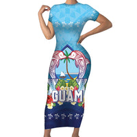 Guam Chamorro Family Matching Short Sleeve Bodycon Dress and Hawaiian Shirt Tribal Latte Stone With Dolphins Blue