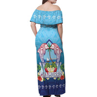 Guam Chamorro Off Shoulder Maxi Dress Tribal Latte Stone With Dolphins Blue