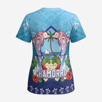 Guam Chamorro Scrub Top Tribal Latte Stone With Dolphins Blue LT05 - Polynesian Pride