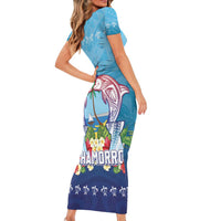 Guam Chamorro Short Sleeve Bodycon Dress Tribal Latte Stone With Dolphins Blue