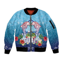 Guam Chamorro Sleeve Zip Bomber Jacket Tribal Latte Stone With Dolphins Blue
