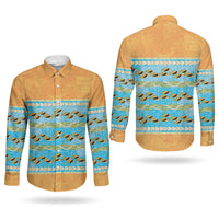 Hawaii Humuhumu Fish Maile Pikake Lei Couples Matching Off Shoulder Maxi Dress and Long Sleeve Button Shirt Tribal Tapa Orange Version