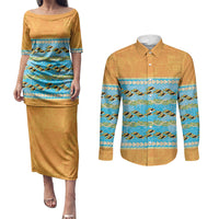 Hawaii Humuhumu Fish Maile Pikake Lei Couples Matching Puletasi and Long Sleeve Button Shirt Tribal Tapa Orange Version
