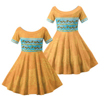 Hawaii Humuhumu Fish Maile Pikake Lei Family Matching Off Shoulder Short Dress and Hawaiian Shirt Tribal Tapa Orange Version