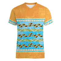 Hawaii Humuhumu Fish Maile Pikake Lei Women V-Neck T-Shirt Tribal Tapa Orange Version
