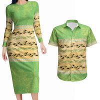 Hawaii Humuhumu Fish Maile Pikake Lei Couples Matching Long Sleeve Bodycon Dress and Hawaiian Shirt Tribal Tapa Green Version