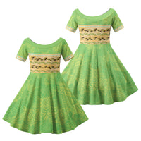 Hawaii Humuhumu Fish Maile Pikake Lei Family Matching Summer Maxi Dress and Hawaiian Shirt Tribal Tapa Green Version